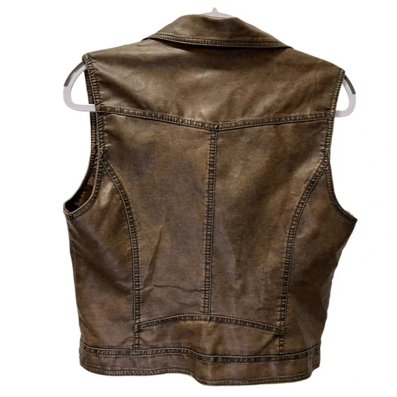 Body C Women's Brown Distressed Faux Leather Biker Moto Vest Jacket L - Picture 6 of 8